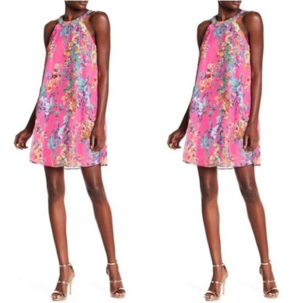 Betsey Johnson Pink Floral Chiffon Sleeveless Trapeze Swing Dress Women Sz 10